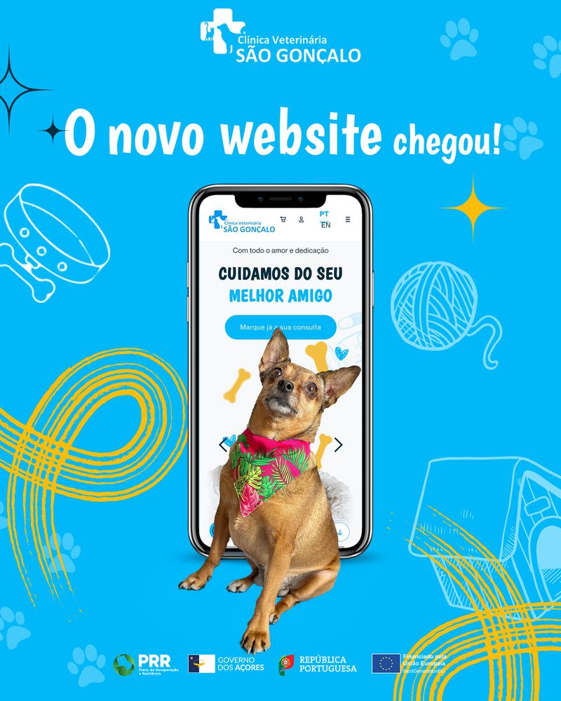 Criativo da campanha de lançamento do novo website da Clínica Veterinária de São Gonçalo, com o anúncio «O novo website chegou!»
