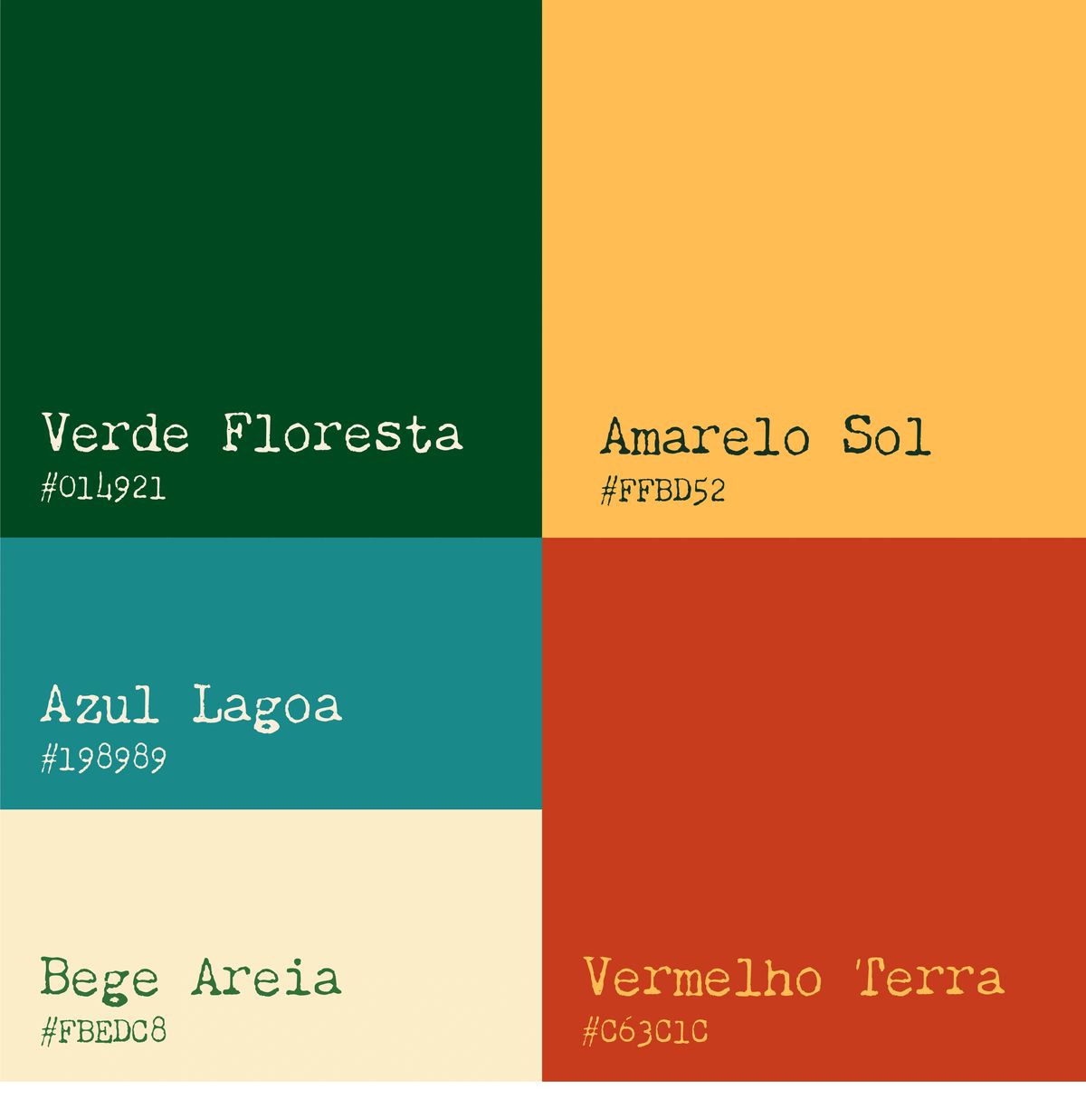 Paleta de cores da identidade visual do Parque Grená, tons terrosos e orgânicos inspirados na natureza das Furnas