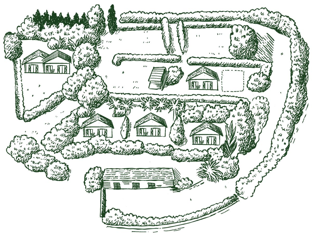 Mapa ilustrado da Quinta dos Curubas Cottages com 9.000 m² de jardins, cottages em madeira e percursos em Vila Franca do Campo, Açores