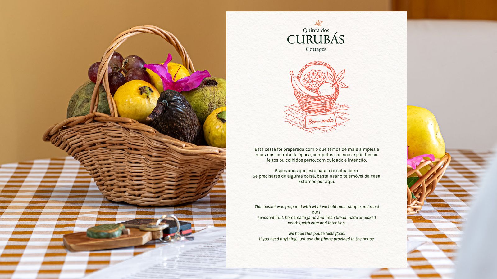 Cartão de boas-vindas da Quinta dos Curubas Cottages com ilustração personalizada, material de comunicação da marca
