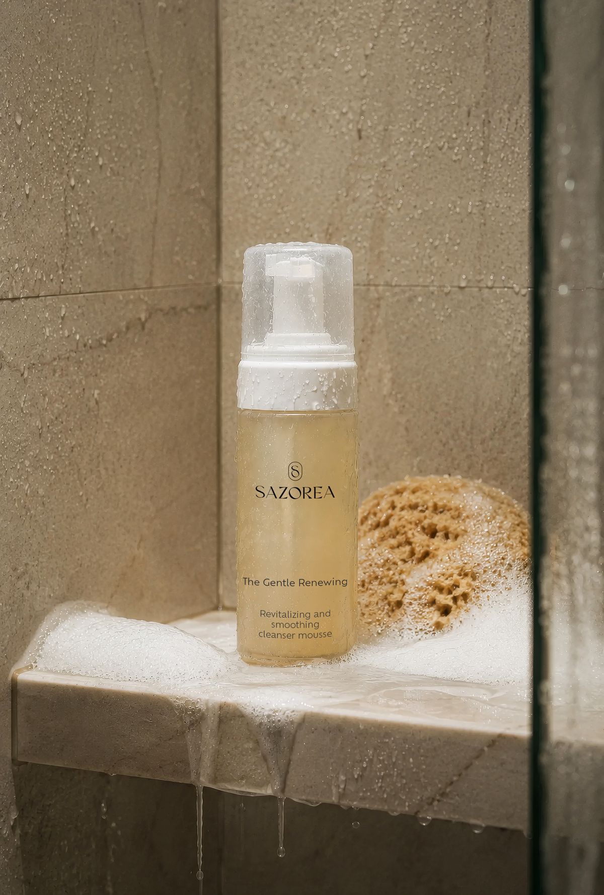 Espuma de limpeza Sazorea The Gentle Renewing, design de embalagem para cosmética natural dos Açores